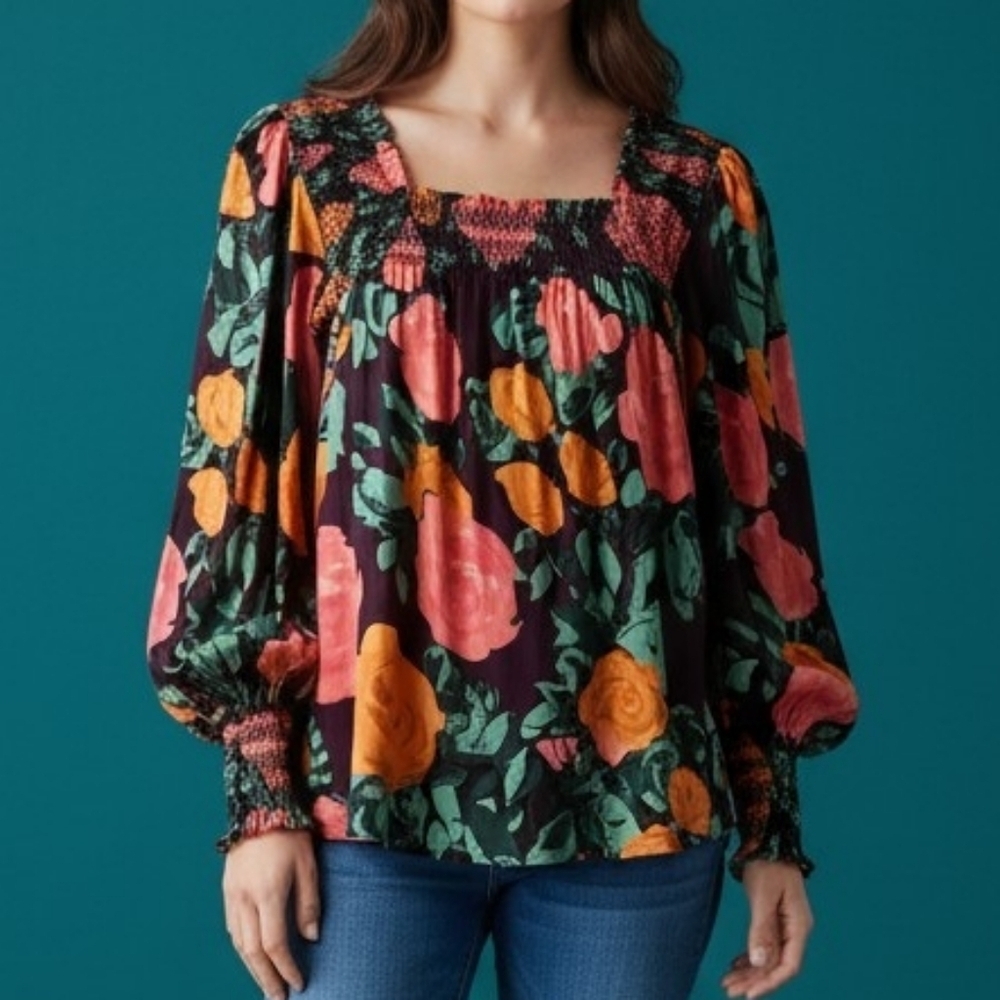 PLENTY Floral Smocked Balloon Sleeve Off Shoulder Square Neck Top